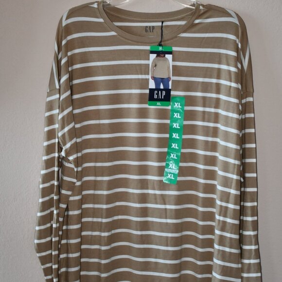 GAP Tan Striped Drop Shoulder LS Classic Crew Neck Curved Hem Soft Feel Top XL - Picture 2 of 4